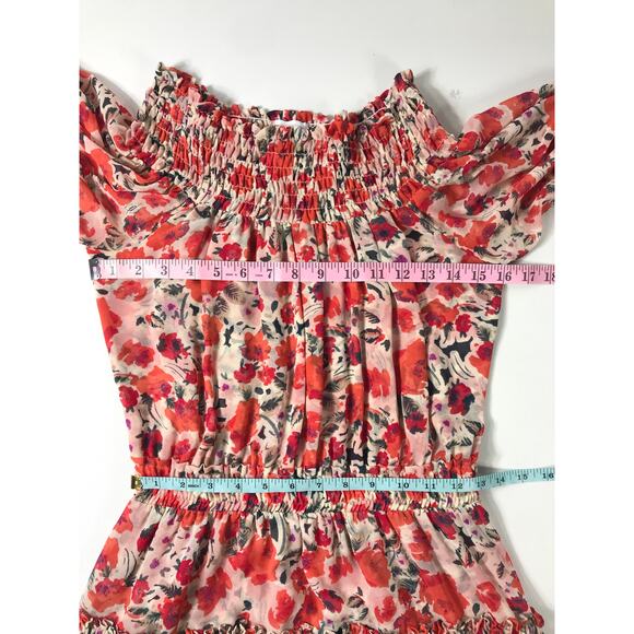 Misa Los Angelas Off the Shoulder Smocked Short Mini Dress Red Floral Small Cute - Picture 10 of 11